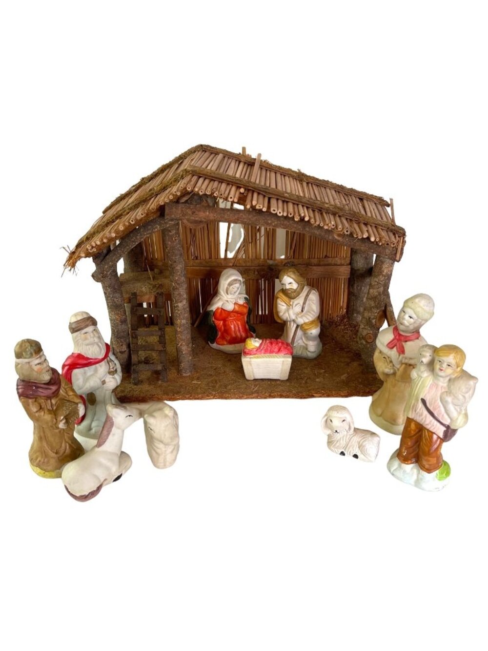 Vintage Bisque Porcelain Nativity Set 10 Figures Wood Manger Stable Creche 13x10